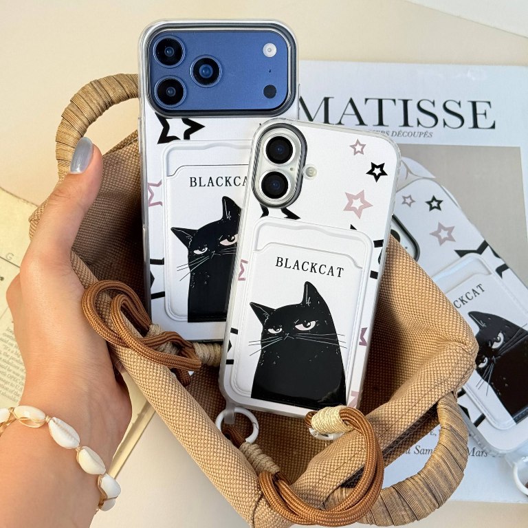 قاب گوشی آیفون Black Cat جاکارتی دار به همراه بند مچی