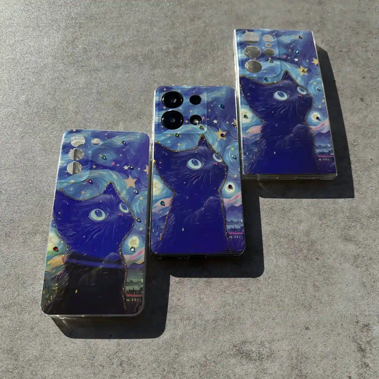 قاب گوشی سامسونگ و شیائومی آبرنگی طرح گربه در شب پرستاره